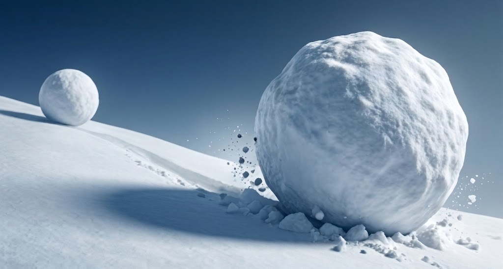 Illustration of a snowball growing as it rolls down a slope, representing the effect of compound interest and reinvested dividends