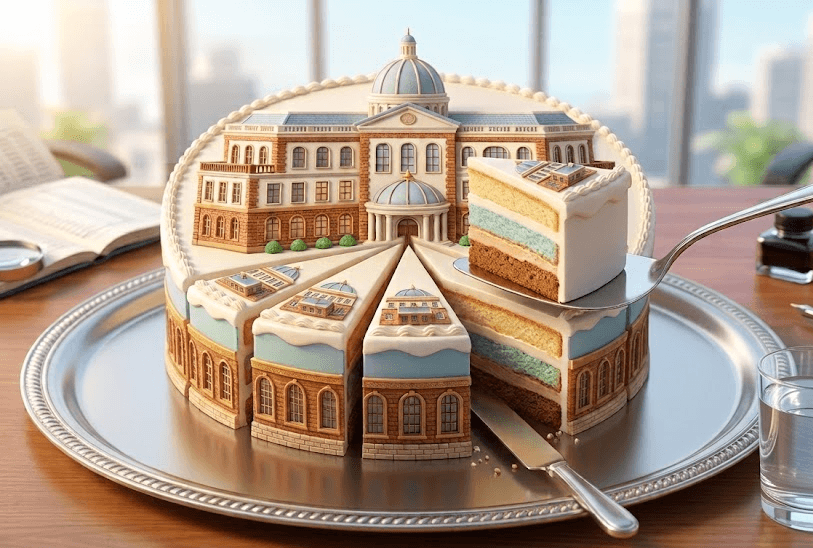 3D illustration showing a large company placed on a sliced cake to illustrate a stock market share