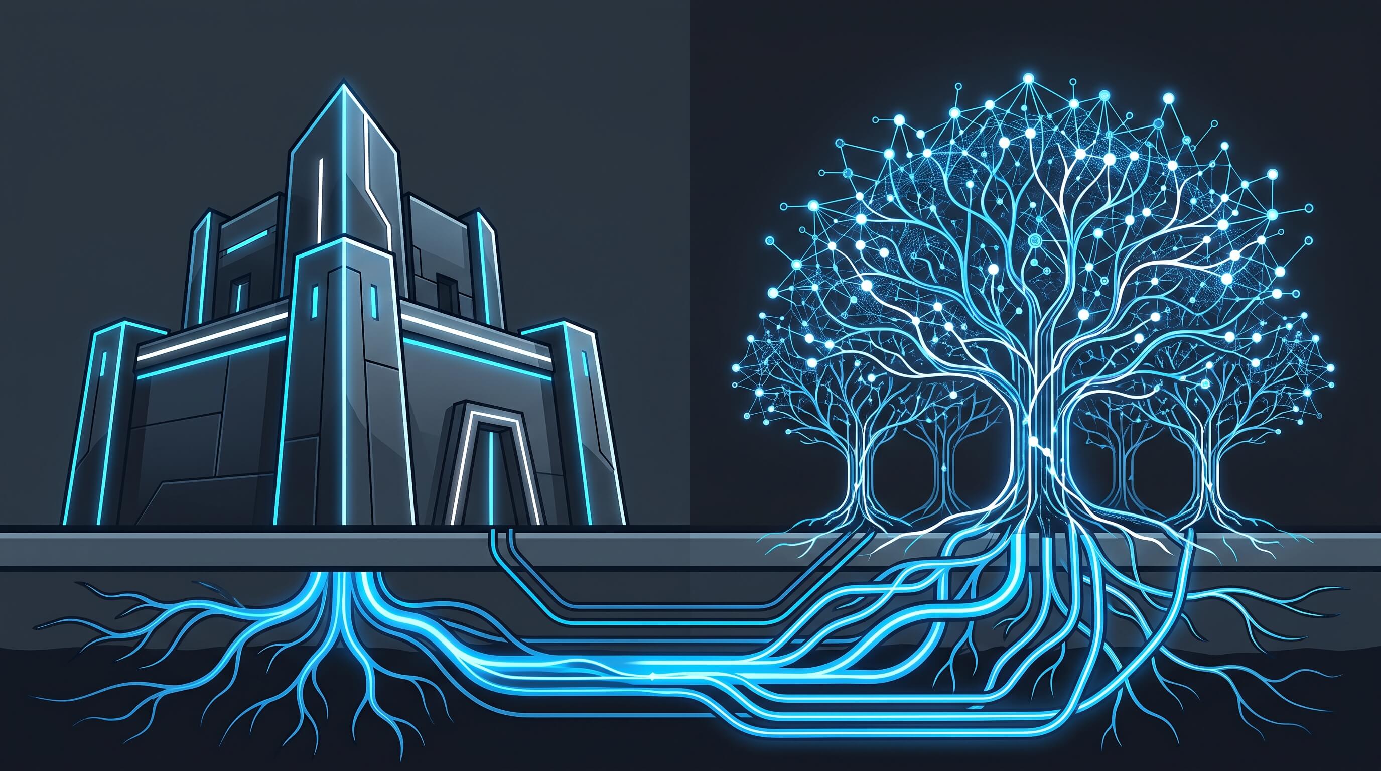 Illustration contrasting OpenAI and Google's walled garden against the Nvidia-powered Open Source ecosystem