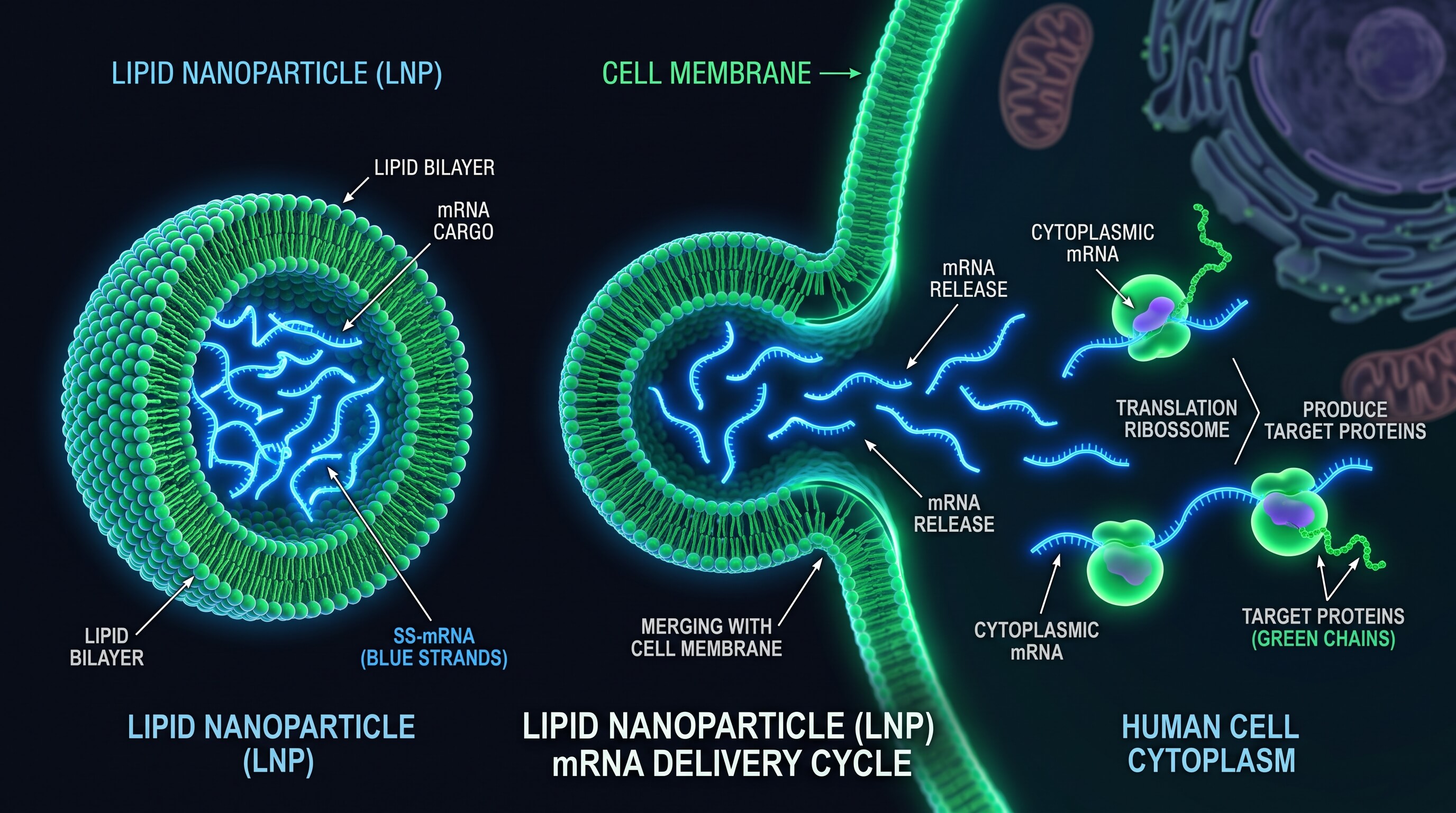 Schéma 3D d'une nanoparticule lipidique libérant un brin d'ARNm dans une cellule humaine pour la production de protéines